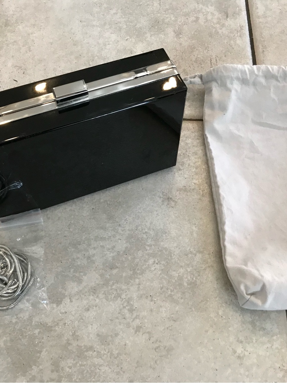 Rachel Zoe Black Glossy Rectangular Clutch with Silver Trim